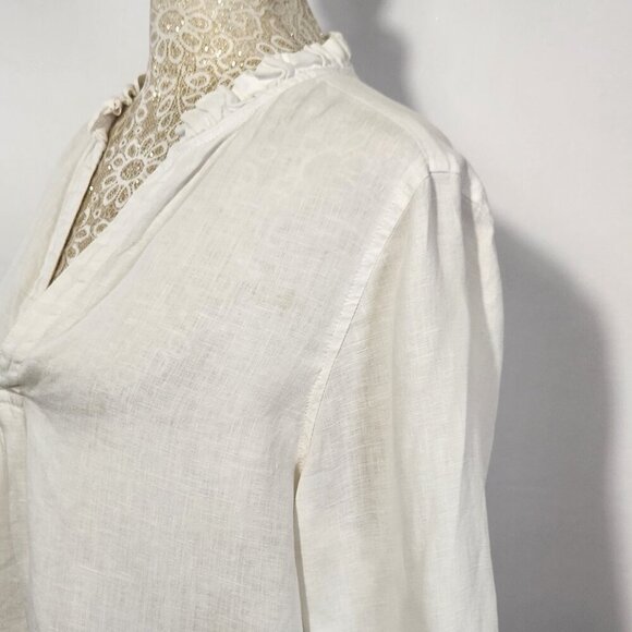 Cynthia Rowley Women's Size M White Linen 3/4 Sleeve Ruffle V-Neck Pockets Top - Picture 8 of 15